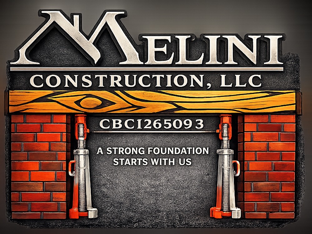 The Melini Construction LLC sign showing license CBC1265093 and the motto A Strong Foundation Starts With Us